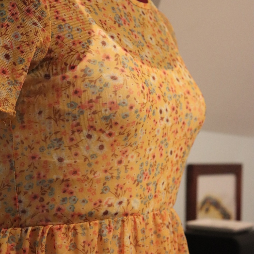 Tiered Yellow Floral Mesh Top